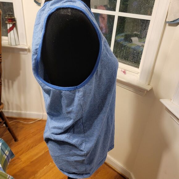 Womens Split Tank Top Blue Stripes Pocket With Orange Text Size Medium‎ - Picture 3 of 7